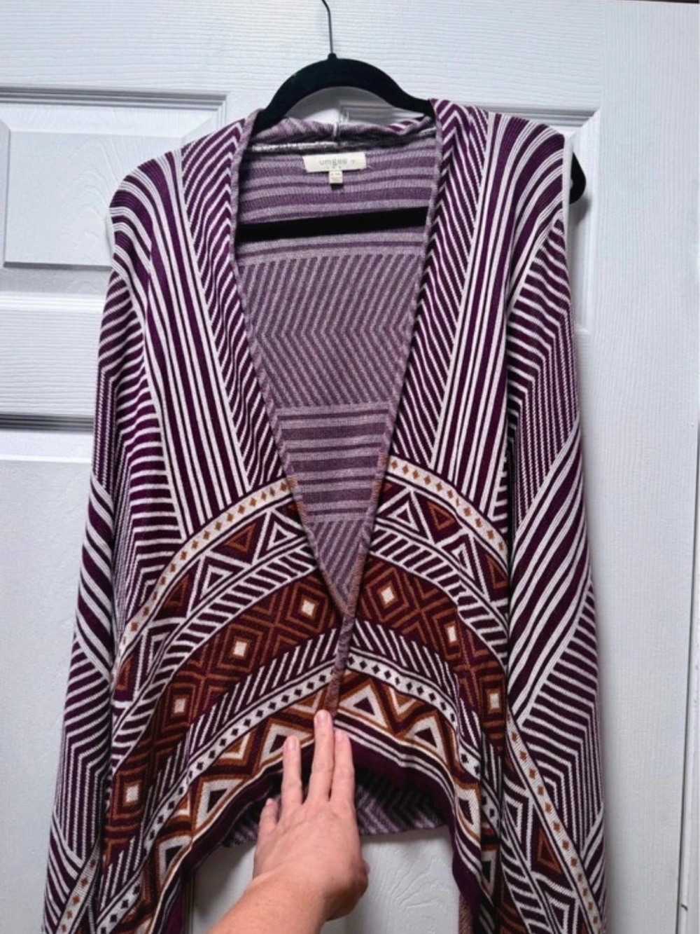 Umgee Boho Geometric Open-Front Sweater Cardigan - Purple & Brown - size XL